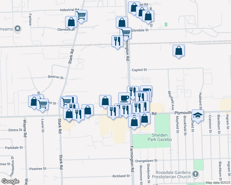 map of restaurants, bars, coffee shops, grocery stores, and more near 11801 Farmington Road in Livonia