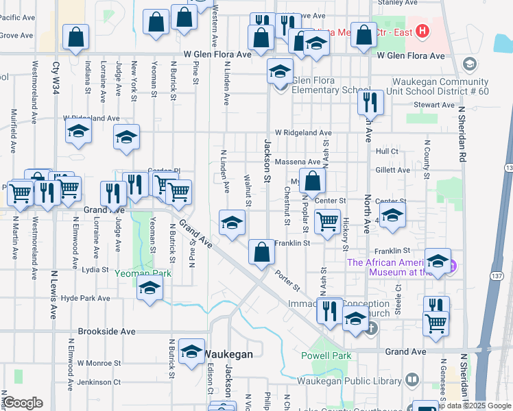 map of restaurants, bars, coffee shops, grocery stores, and more near 914 Edwards Street in Waukegan