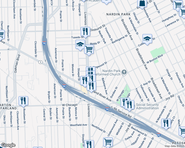 map of restaurants, bars, coffee shops, grocery stores, and more near in Detroit