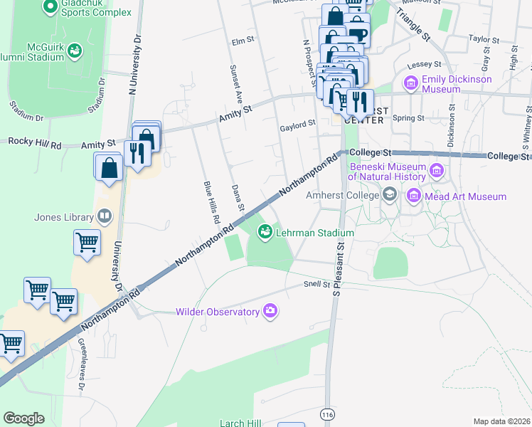 map of restaurants, bars, coffee shops, grocery stores, and more near 126 Northampton Road in Amherst