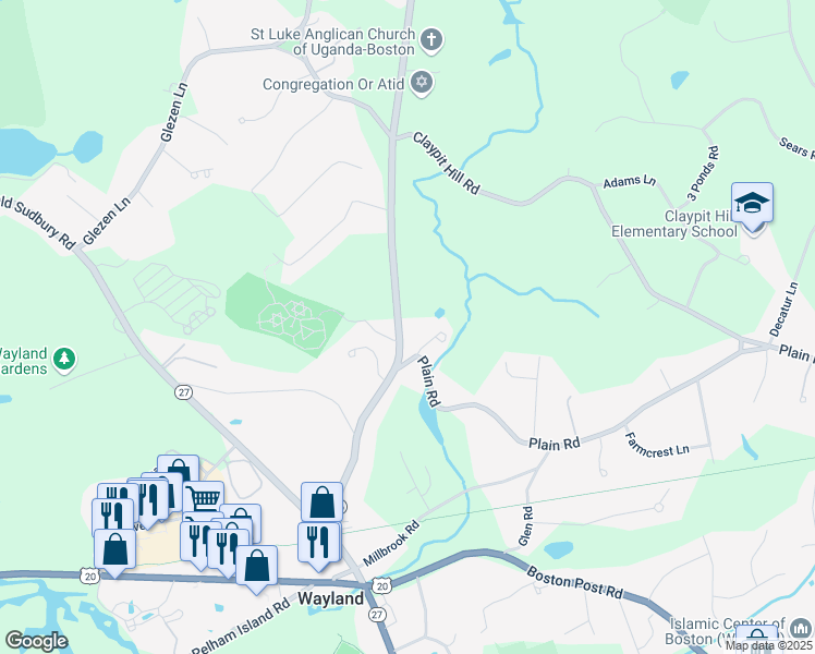 map of restaurants, bars, coffee shops, grocery stores, and more near 3 Plain Road in Wayland