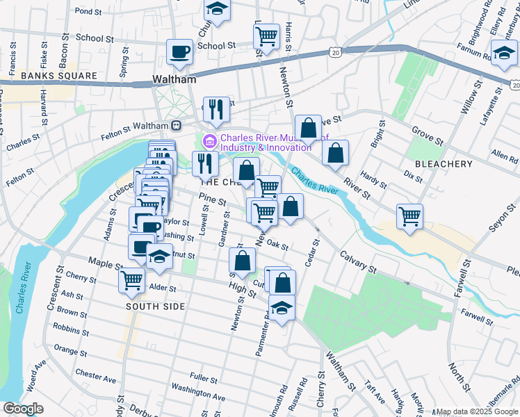 map of restaurants, bars, coffee shops, grocery stores, and more near 132 Pine Street in Waltham
