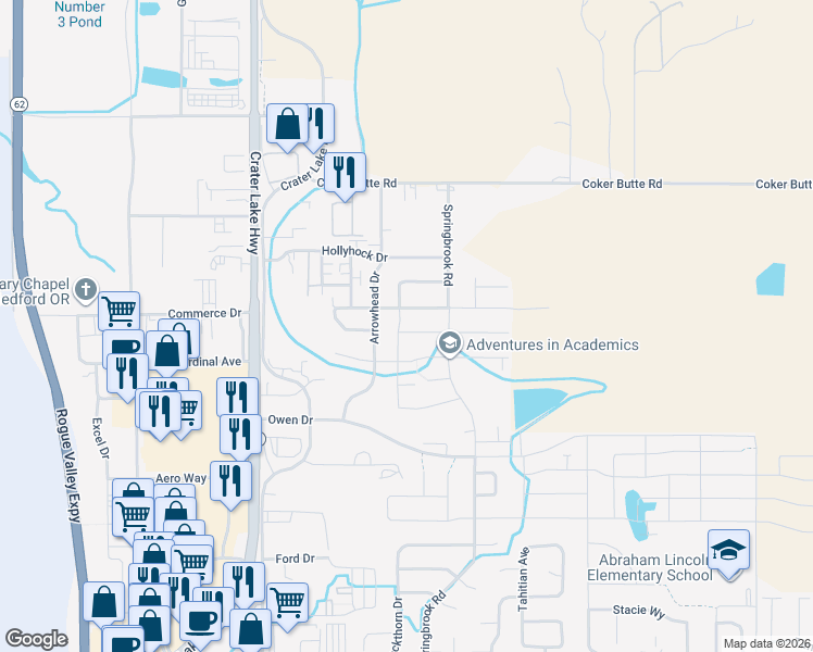 map of restaurants, bars, coffee shops, grocery stores, and more near 3734 Mallard Lane in Medford