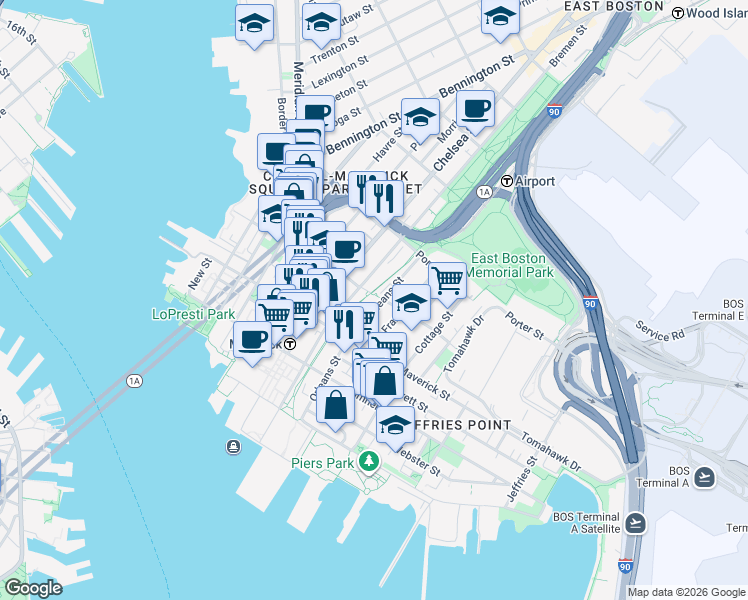 map of restaurants, bars, coffee shops, grocery stores, and more near 150 Orleans Street in Boston