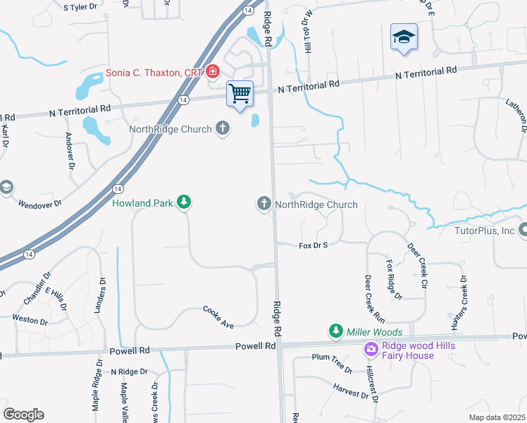 map of restaurants, bars, coffee shops, grocery stores, and more near 12401 Ridge Road in Plymouth