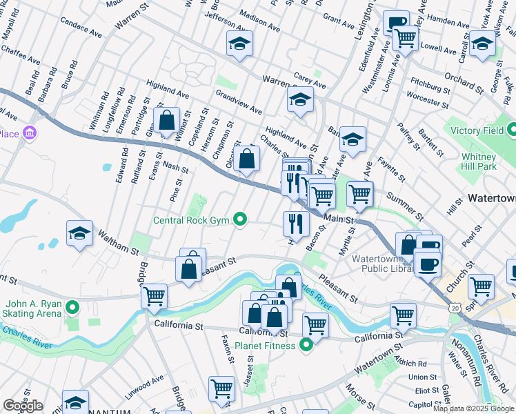 map of restaurants, bars, coffee shops, grocery stores, and more near 27 Morton Street in Watertown