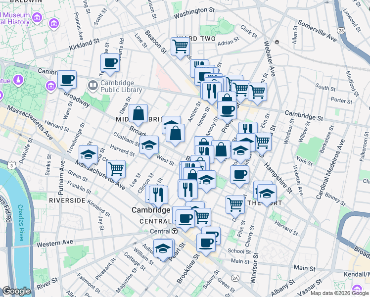 map of restaurants, bars, coffee shops, grocery stores, and more near 65 Inman Street in Cambridge