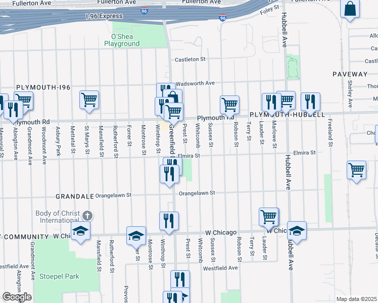 map of restaurants, bars, coffee shops, grocery stores, and more near 11316 Prest Street in Detroit