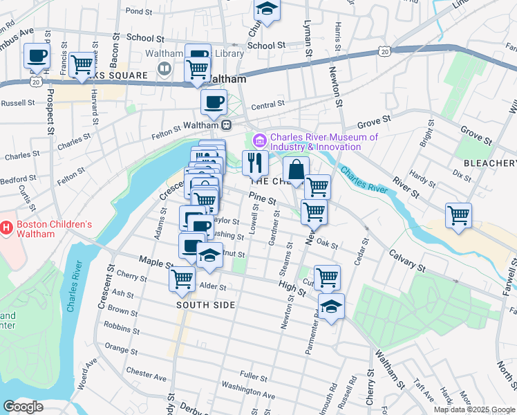 map of restaurants, bars, coffee shops, grocery stores, and more near 12 Lowell Street in Waltham