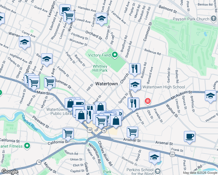 map of restaurants, bars, coffee shops, grocery stores, and more near 16 Oliver Street in Watertown