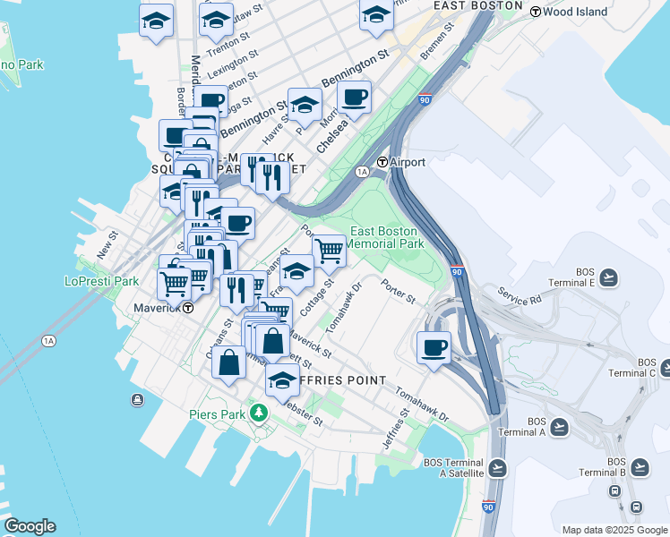 map of restaurants, bars, coffee shops, grocery stores, and more near 186 Cottage Street in Boston