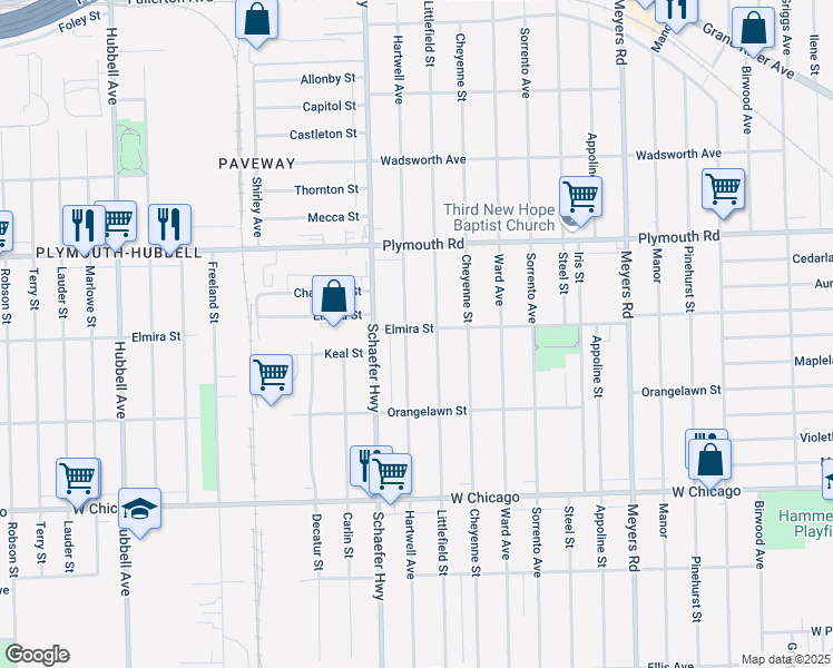 map of restaurants, bars, coffee shops, grocery stores, and more near 10052 Hartwell St in Detroit