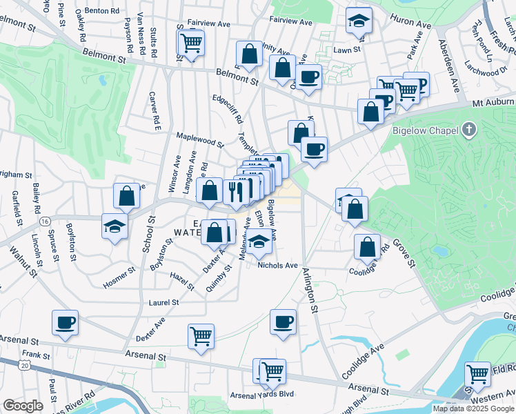 map of restaurants, bars, coffee shops, grocery stores, and more near 597 Mount Auburn Street in Watertown