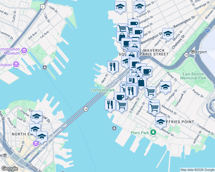 map of restaurants, bars, coffee shops, grocery stores, and more near 64 Sumner Street in Boston