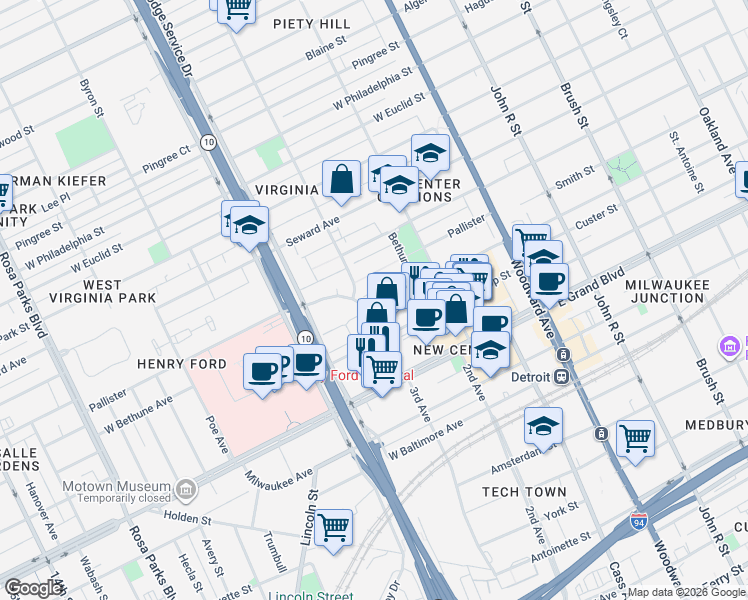 map of restaurants, bars, coffee shops, grocery stores, and more near 746 W Bethune St in Detroit