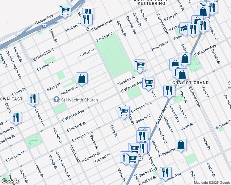 map of restaurants, bars, coffee shops, grocery stores, and more near 5003 Mount Elliott Street in Detroit
