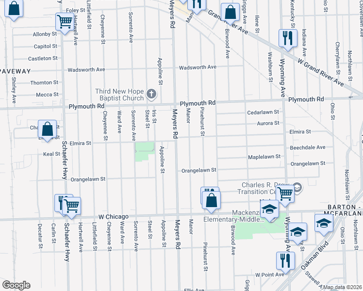 map of restaurants, bars, coffee shops, grocery stores, and more near 10016 Meyers Rd in Detroit