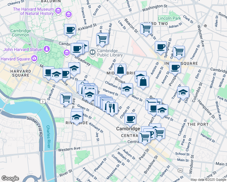 map of restaurants, bars, coffee shops, grocery stores, and more near 325 Harvard Street in Cambridge