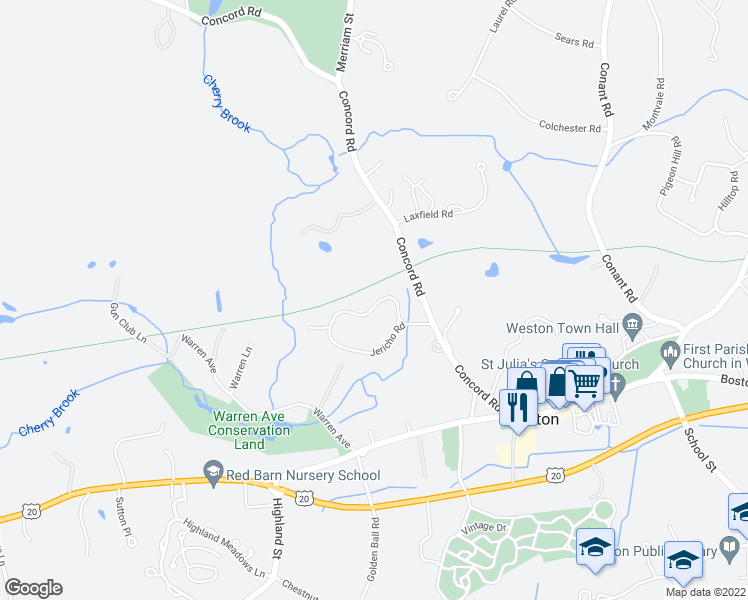 map of restaurants, bars, coffee shops, grocery stores, and more near 25 Jericho Road in Weston