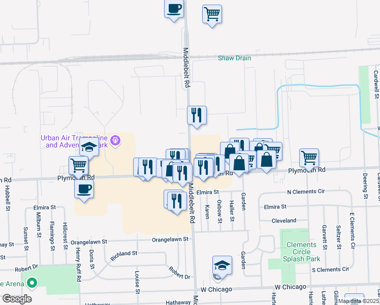 map of restaurants, bars, coffee shops, grocery stores, and more near 11700 Middlebelt Road in Livonia