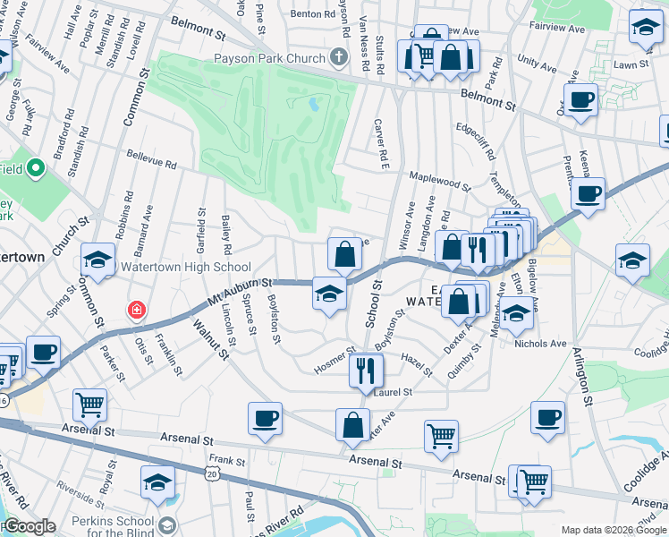 map of restaurants, bars, coffee shops, grocery stores, and more near 14 Adams Avenue in Watertown