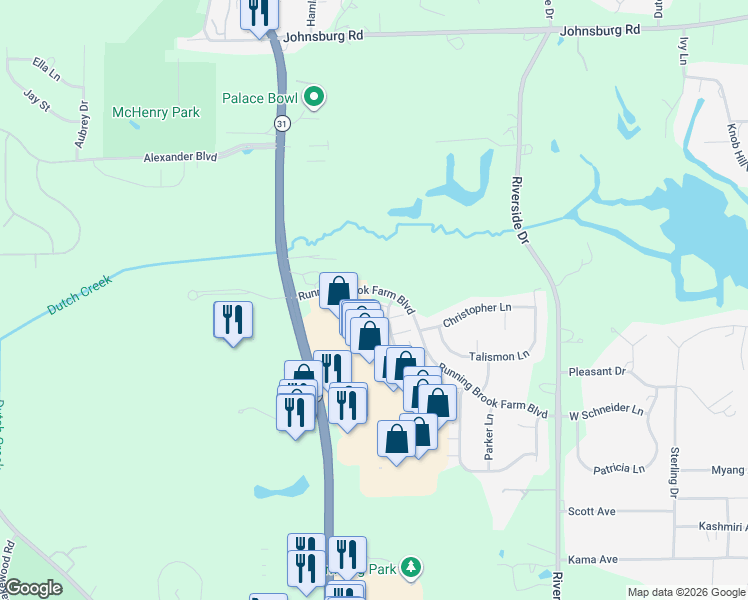 map of restaurants, bars, coffee shops, grocery stores, and more near 2951 Payton Crossing in Johnsburg