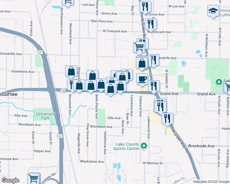 map of restaurants, bars, coffee shops, grocery stores, and more near Grand Ave & Boulevard View St in Gurnee