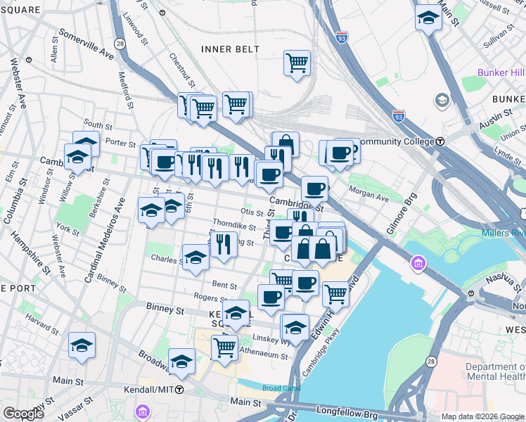 map of restaurants, bars, coffee shops, grocery stores, and more near 63 Otis Street in Cambridge