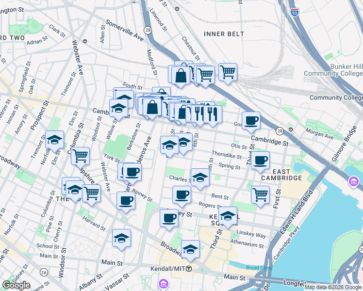 map of restaurants, bars, coffee shops, grocery stores, and more near 180 Thorndike Street in Cambridge