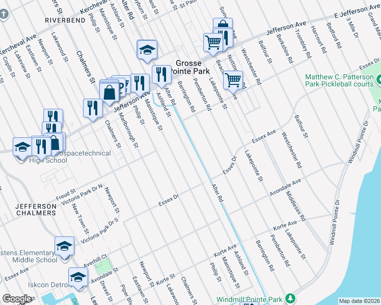 map of restaurants, bars, coffee shops, grocery stores, and more near 643 Ashland Street in Detroit