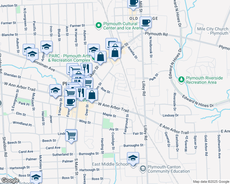 map of restaurants, bars, coffee shops, grocery stores, and more near 199 Hamilton Street in Plymouth