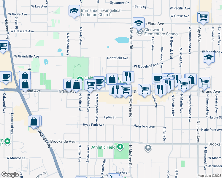 map of restaurants, bars, coffee shops, grocery stores, and more near 2728 Grand Avenue in Waukegan