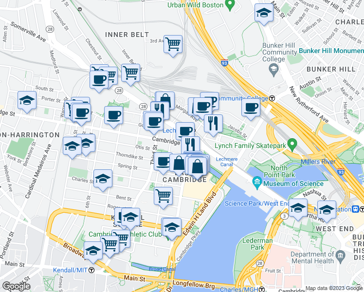 map of restaurants, bars, coffee shops, grocery stores, and more near 120 Cambridge Street in Cambridge