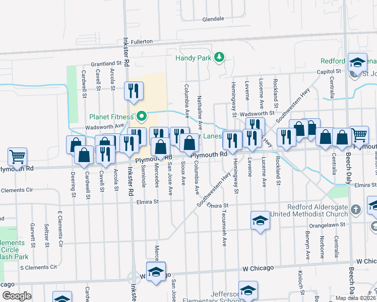 map of restaurants, bars, coffee shops, grocery stores, and more near 26968 Plymouth Road in Redford Charter Township