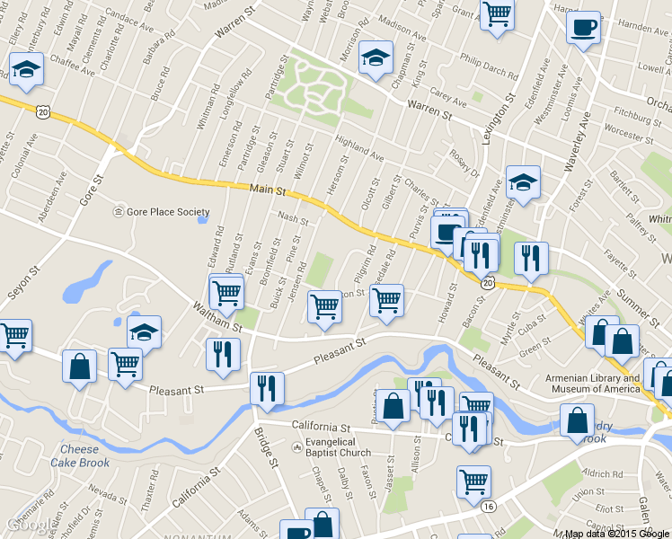 map of restaurants, bars, coffee shops, grocery stores, and more near 41 Puritan Road in Watertown