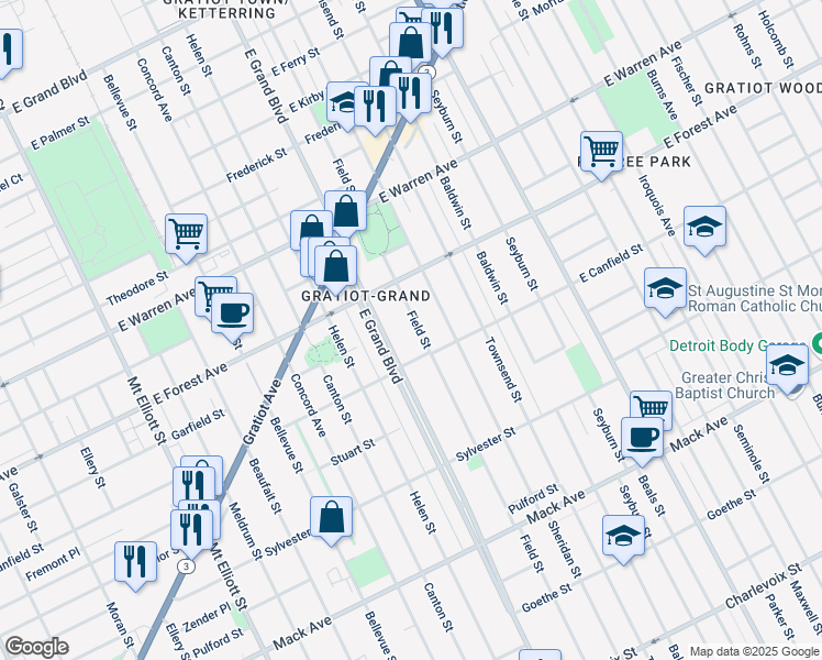 map of restaurants, bars, coffee shops, grocery stores, and more near 4455 Field Street in Detroit