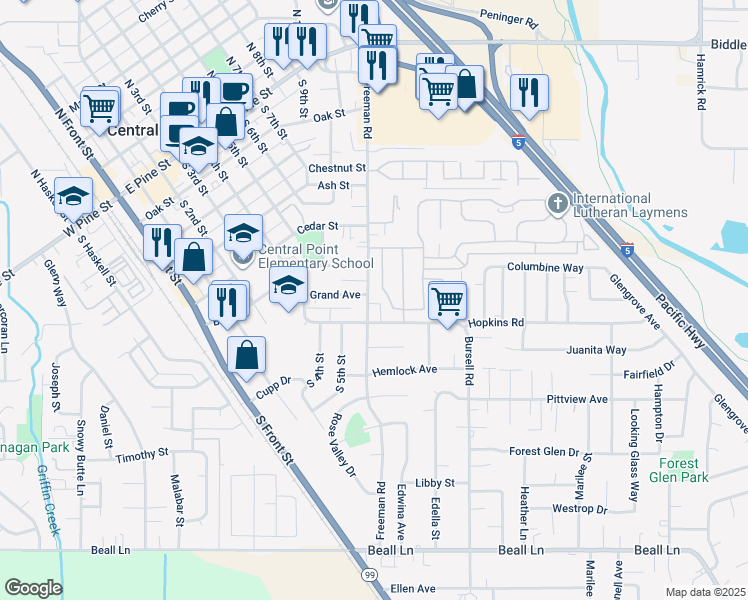 map of restaurants, bars, coffee shops, grocery stores, and more near 615 Valley Heart Lane in Central Point