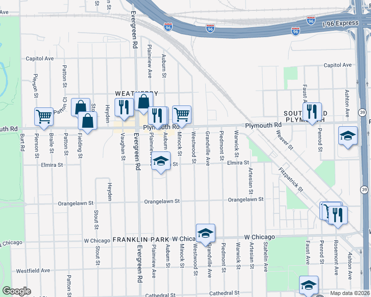 map of restaurants, bars, coffee shops, grocery stores, and more near 11360 Minock Street in Detroit