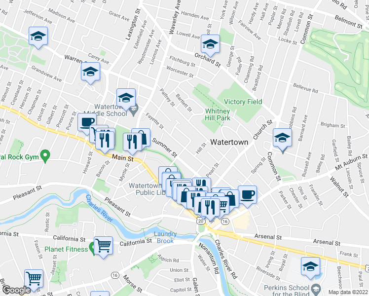 map of restaurants, bars, coffee shops, grocery stores, and more near 114 Fayette Street in Watertown