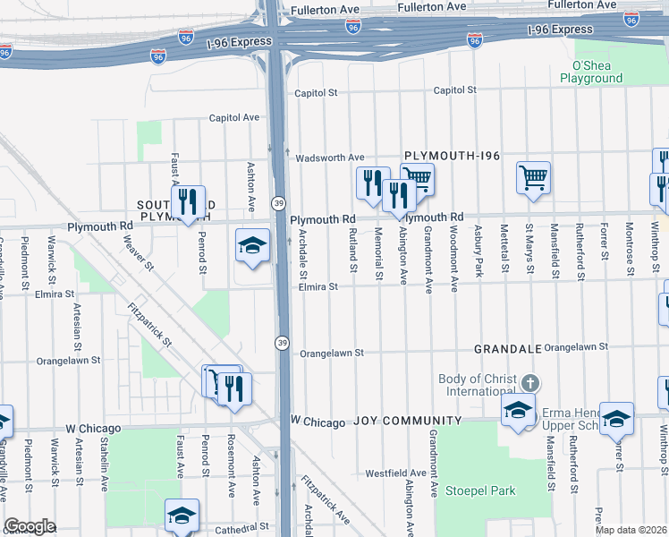 map of restaurants, bars, coffee shops, grocery stores, and more near 11340 Longacre Street in Detroit