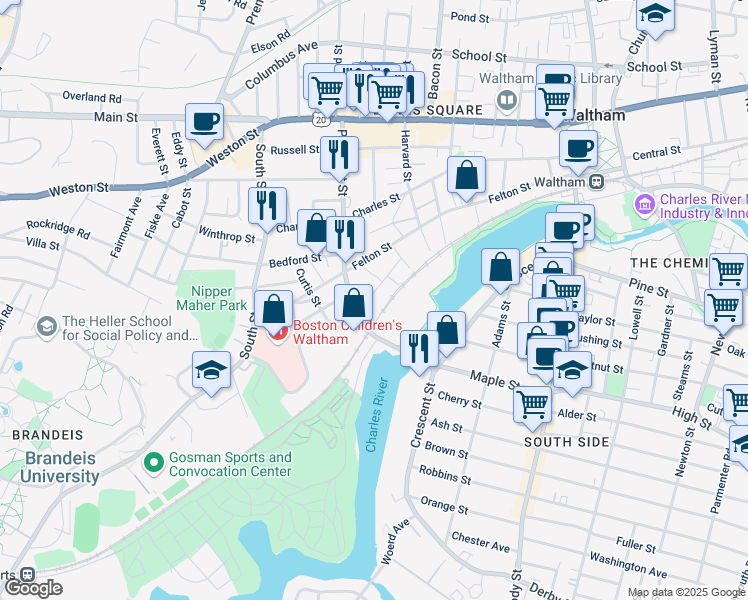 map of restaurants, bars, coffee shops, grocery stores, and more near 50 Sun Street in Waltham
