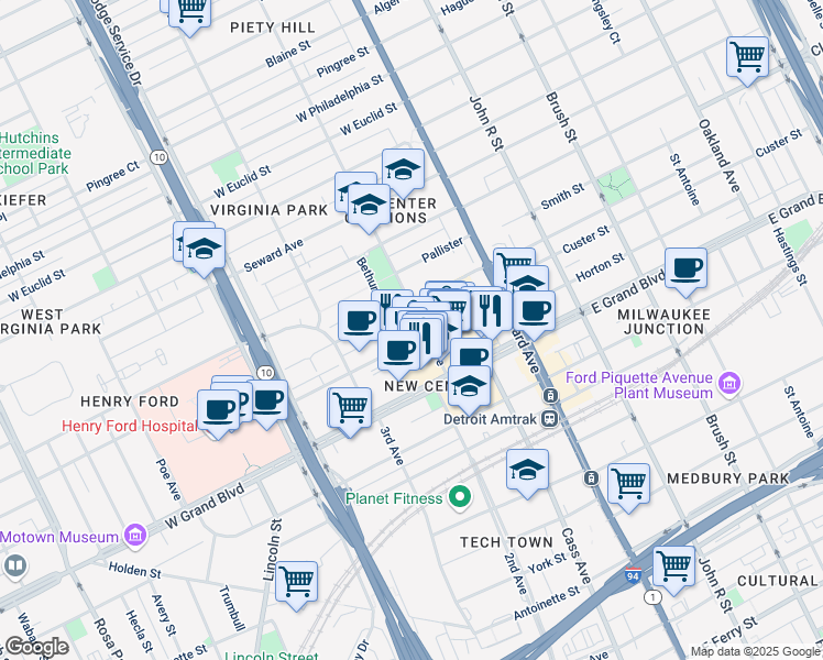 map of restaurants, bars, coffee shops, grocery stores, and more near 7409 2nd Avenue in Detroit
