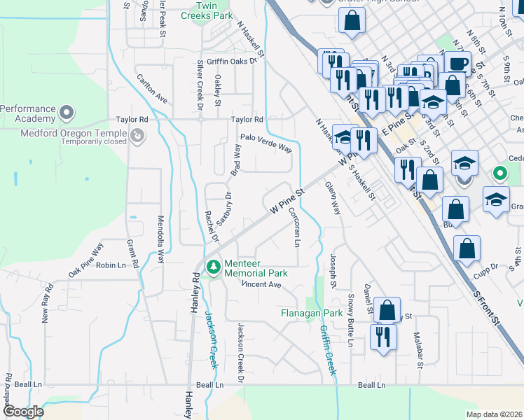 map of restaurants, bars, coffee shops, grocery stores, and more near 452 West Pine Street in Central Point