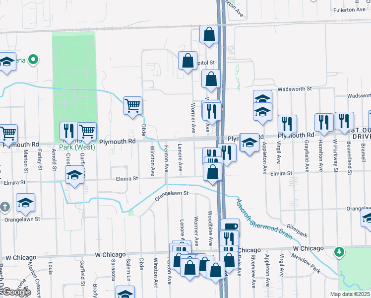 map of restaurants, bars, coffee shops, grocery stores, and more near 11430 Lenore in Redford Charter Township