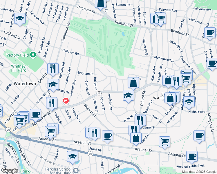 map of restaurants, bars, coffee shops, grocery stores, and more near 16 Stearns Road in Watertown