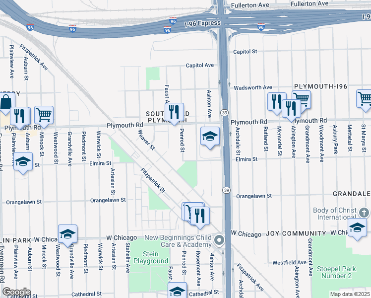 map of restaurants, bars, coffee shops, grocery stores, and more near 11350 Penrod Street in Detroit