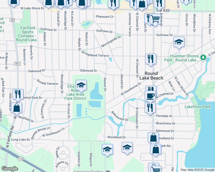 map of restaurants, bars, coffee shops, grocery stores, and more near 1209 Sunset Drive in Round Lake Beach