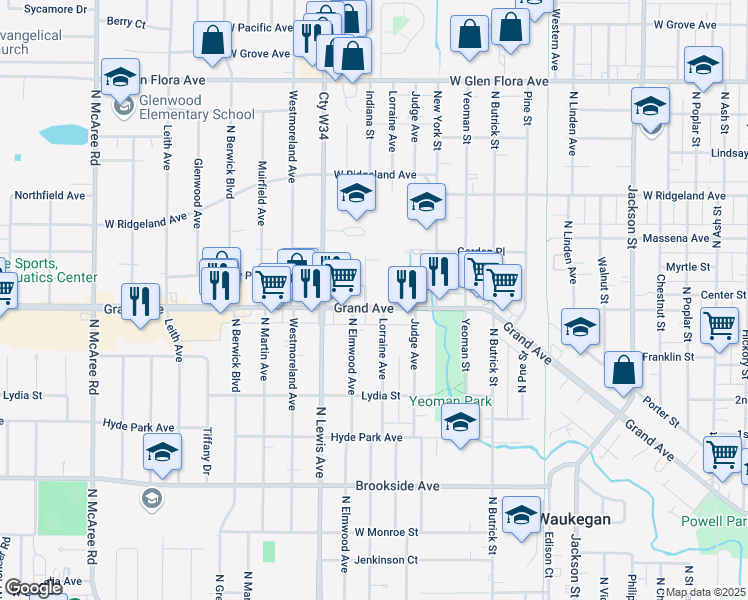 map of restaurants, bars, coffee shops, grocery stores, and more near 1720 Grand Avenue in Waukegan