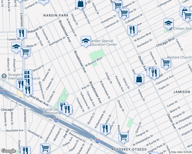 map of restaurants, bars, coffee shops, grocery stores, and more near 9647 North Martindale Street in Detroit