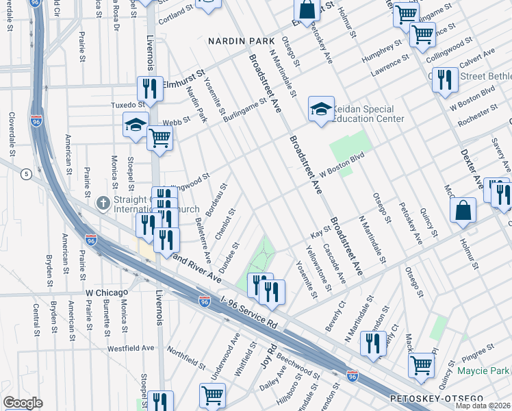 map of restaurants, bars, coffee shops, grocery stores, and more near 5032 West Boston Boulevard in Detroit